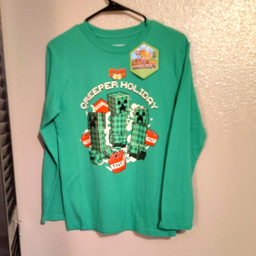 Minecraft Creeper Holiday Kids Shirt - Green Size 14/16 New with Tags